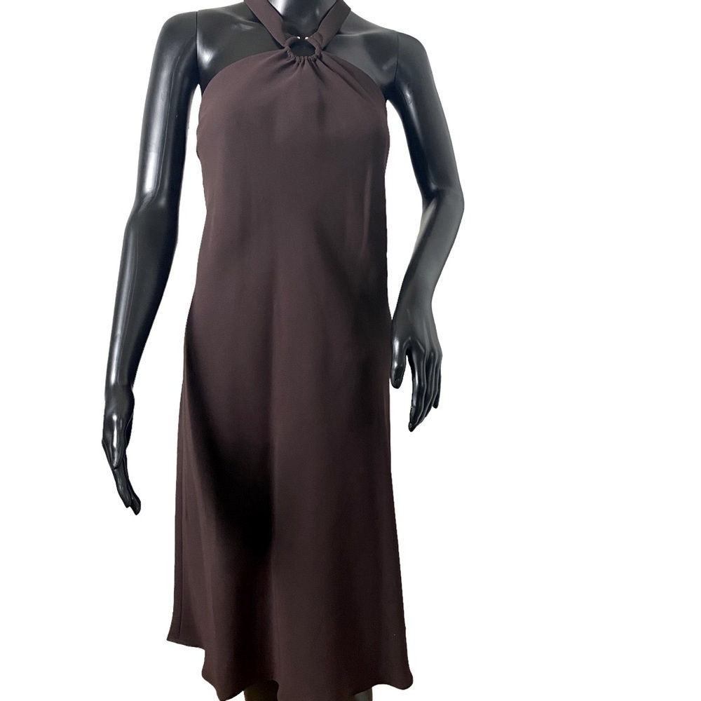 Jones Wear Brown midi Halter dress with silver ring in front. Sz 12